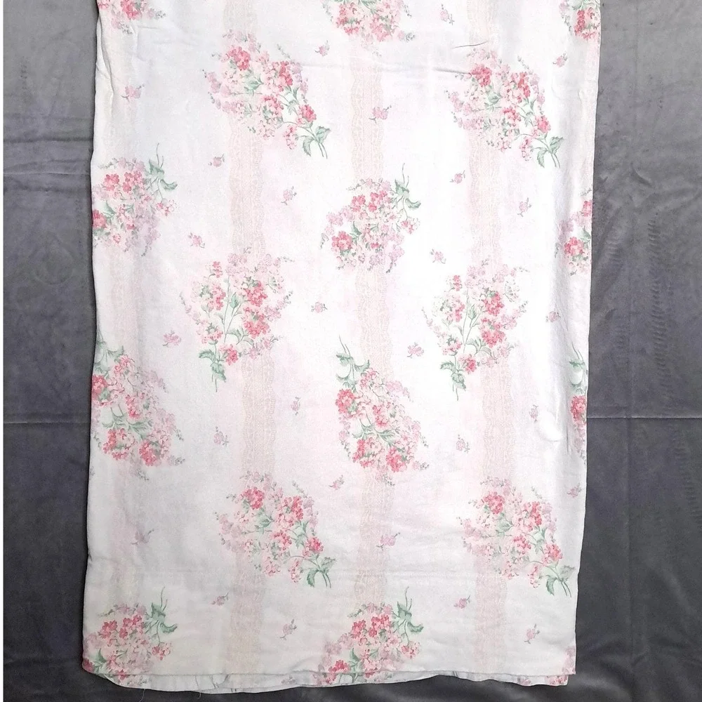 VTG Stevens Floral Flat Bed Sheet Twin White Pink Lace Stripe Cottagecore Fabric